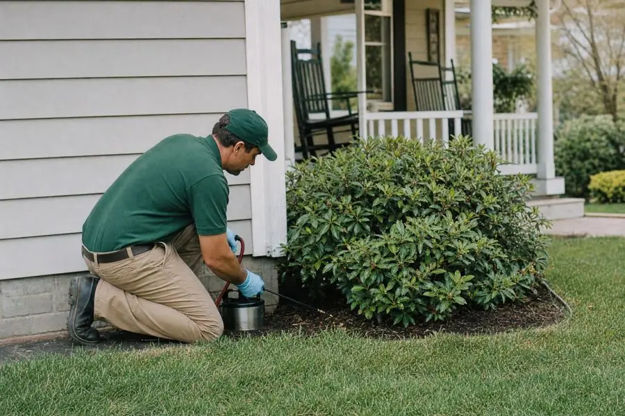 Termite technician treating along the foundation of a suburban home