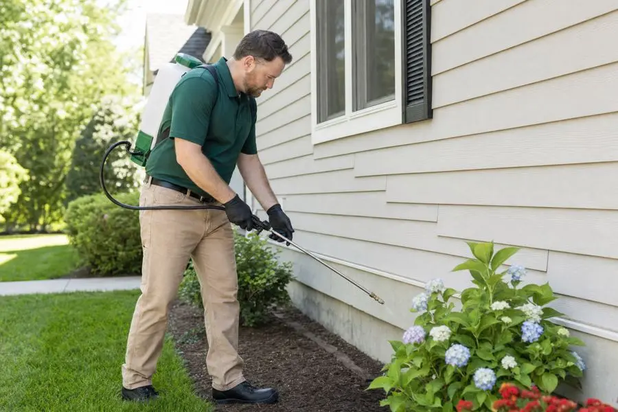 Technician applying a perimeter treatment along the base of a house